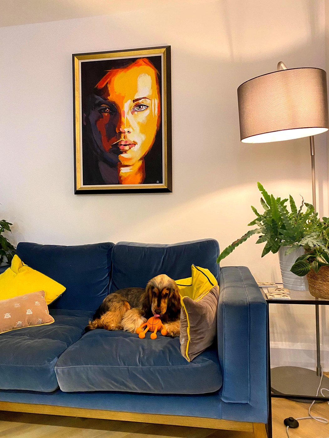 Fire portrait in living room with dog