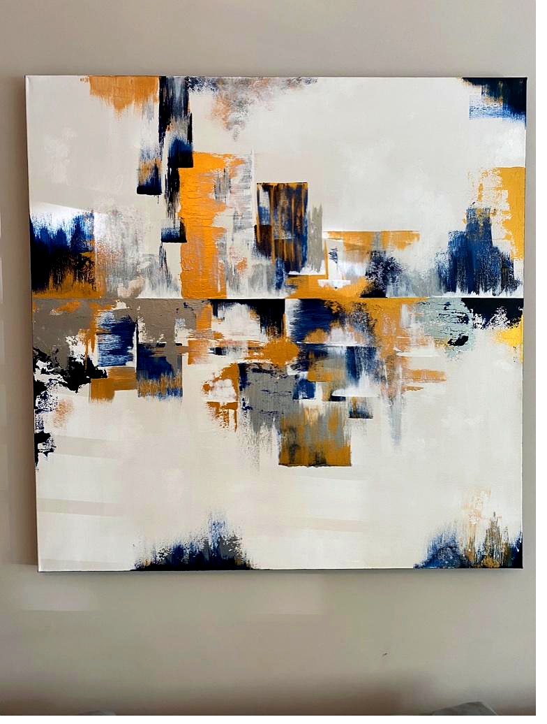 Teal and gold seascape on easel