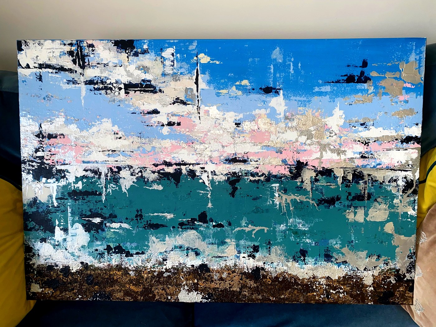 Teal blue abstract painting